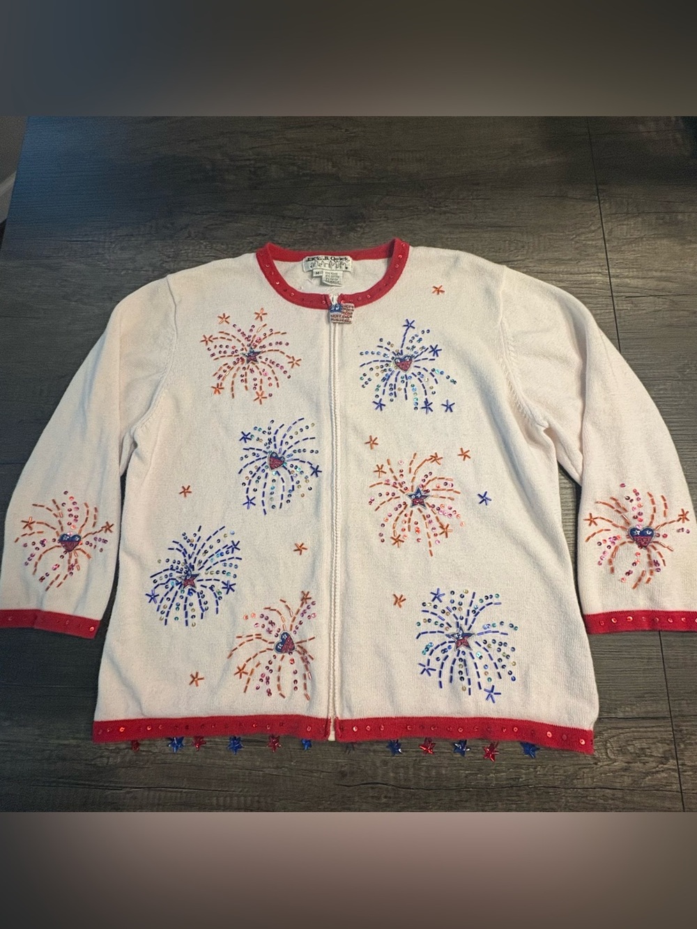 Jack B Quick Patriotic Cardigan Sweater Women’s Size M Fireworks Beaded Flag